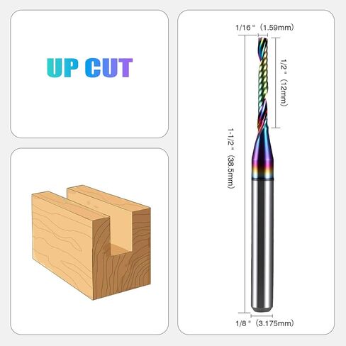 O Flute Upcut Spiral Router Bit 1/8 Inch Shank 1/16" Cutting Dia. 1/2" CL. 1-1/2"OVL. Carbide Single Flute CNC Router Bit with DLC Coating, Up Cut Milling Cutter Ideal for Wood, MDF and PVC(5 Pack) in Kuwait