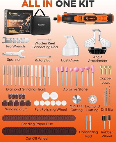 Saker Cordless Rotary Tool Kit,Electric Chainsaw Sharpener | Chain Saw Sharpener Tool with 12 File Sharpening Wheel Bits,Rotary Tool Kit with 5-Speed for Sanding, Polishing, DIY(126 PCS) in Kuwait