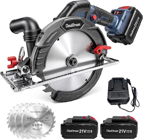 CloudDream 6-1/2" Cordless Circular Saw, 21V Brushless Circular Saw Kit with 2 x 4.0Ah Batteries, Fast Charger, 3 Blades, LED Light, 7000 RPM, 0-45° Bevel, 2-1/4" Max Cut Depth for Wood DIY in Kuwait