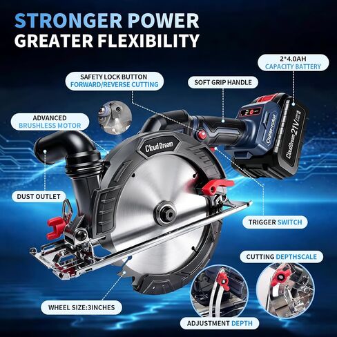 CloudDream 6-1/2" Cordless Circular Saw, 21V Brushless Circular Saw Kit with 2 x 4.0Ah Batteries, Fast Charger, 3 Blades, LED Light, 7000 RPM, 0-45° Bevel, 2-1/4" Max Cut Depth for Wood DIY in Kuwait