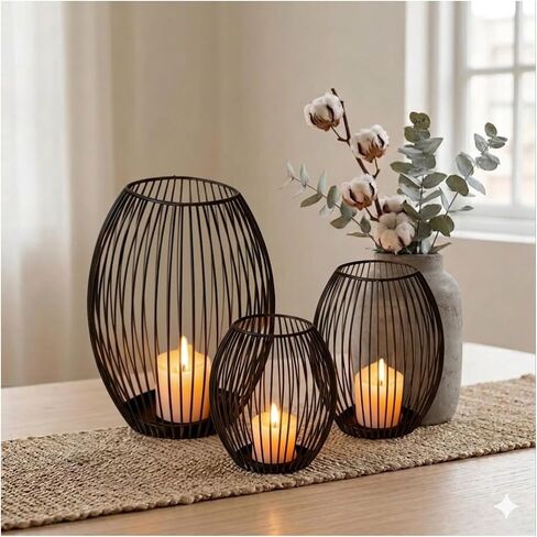 3-Piece Black Candle Holder Set – Modern Metal Wire Black Candlestick Holders for Pillar Candles, Decorative Round Cage Candle Lanterns for Table, Shelf, or Home Décor in Saudi Arabia
