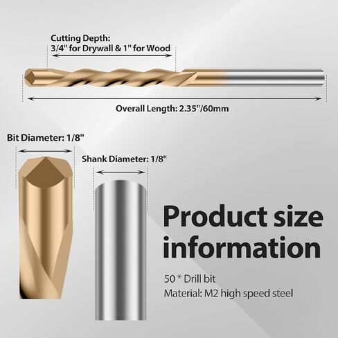 1/8 Inch Drywall Bits 50PCS, Guide Point Cutting Router Bits for Drywall Thin Soft Wood Use, Spiral Saw Tip Bit Brocas para Drywall Set (50PCS Gold Style) in Kuwait