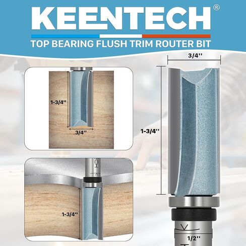 KEENTECH Flush Trim Router Bit, 1/2" Shank x 3/4" Dia x 1-3/4" Depth | 10X Lifespan, Pattern Bit, Top Bearing, Industrial Grade, Tungsten Carbide Tipped, Woodworking in Kuwait