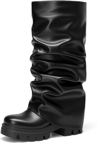 DREAM PAIRS Women's Fold Over Mid Calf Boots For Concerts Wear Ruched Slouchy Fashion Boots with Wide Calf Fit in Kuwait