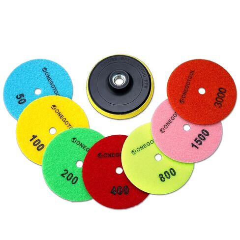 4" Diamond Dry Polish Pads Set, 7 Pcs 50-3000 Grit for Grinder | 5/8"-11 Backer Pad Included; Complete Polishing Pad Kit for Granite Marble Concrete Stone Quartz Surfaces in Kuwait