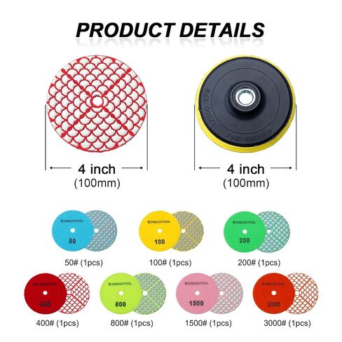 4" Diamond Dry Polish Pads Set, 7 Pcs 50-3000 Grit for Grinder | 5/8"-11 Backer Pad Included; Complete Polishing Pad Kit for Granite Marble Concrete Stone Quartz Surfaces in Kuwait