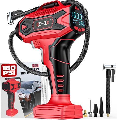 DIYtoolifz Cordless Tire Inflator Air Compressor Compatible with Dewalt 20V Battery (Tool Only), 150 PSI Portable Car Air Pump with Digital Pressure Gauge, Automatic Shut Off, LED Light in Kuwait