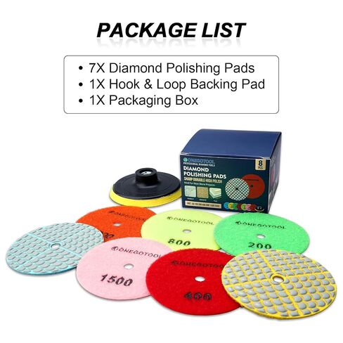 4" Diamond Dry Polish Pads Set, 7 Pcs 50-3000 Grit for Grinder | 5/8"-11 Backer Pad Included; Complete Polishing Pad Kit for Granite Marble Concrete Stone Quartz Surfaces in Kuwait