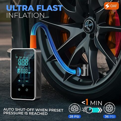 OAF Portable Tire Inflator Air Compressor – Cordless 150 PSI Digital Car Tire Pump with Auto Shut-Off, LED Light & Nozzles for Car, Motorcycle, Bike, Balls & Inflatables in Kuwait
