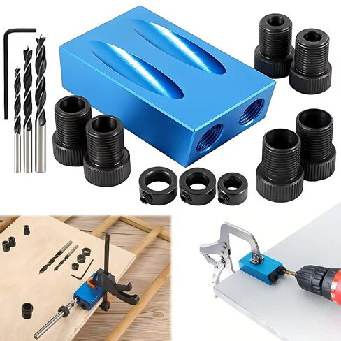 Professional 14pc Pocket Hole Drilling Kit - 15 Degree Angled Jig System with Multi-Size Drive Connectors (6/8/10mm) for Accurate Wood Joinery in Kuwait