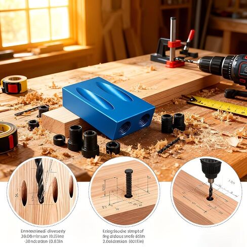 Professional 14pc Pocket Hole Drilling Kit - 15 Degree Angled Jig System with Multi-Size Drive Connectors (6/8/10mm) for Accurate Wood Joinery in Kuwait