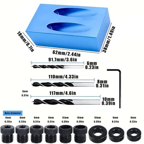 Professional 14pc Pocket Hole Drilling Kit - 15 Degree Angled Jig System with Multi-Size Drive Connectors (6/8/10mm) for Accurate Wood Joinery in Kuwait