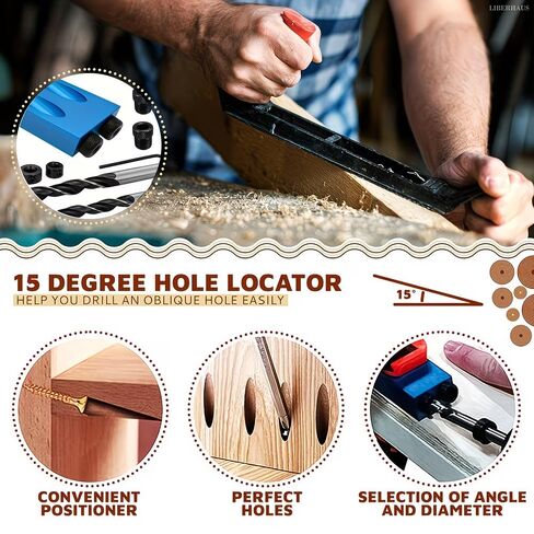 Professional 14pc Pocket Hole Drilling Kit - 15 Degree Angled Jig System with Multi-Size Drive Connectors (6/8/10mm) for Accurate Wood Joinery in Kuwait