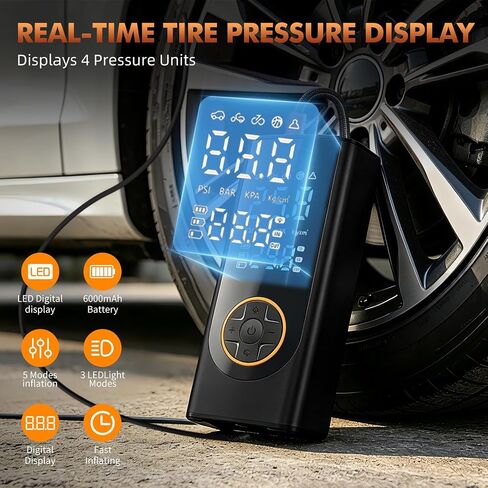 Eleanora Cordless Tyre Inflator air Compressor, Car Tire Pump 6000 mAh 150PSI 12V DC Electric Tyre Pump with LED Lights, Electric Air Pump for Vehicle Tyres/Bike/Motorbike/Ball/Inflatables in Kuwait