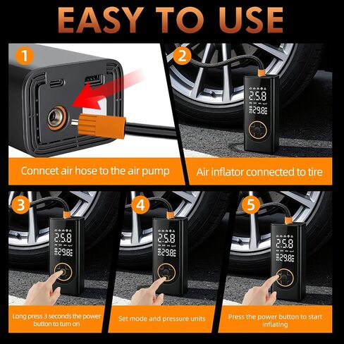 Eleanora Cordless Tyre Inflator air Compressor, Car Tire Pump 6000 mAh 150PSI 12V DC Electric Tyre Pump with LED Lights, Electric Air Pump for Vehicle Tyres/Bike/Motorbike/Ball/Inflatables in Kuwait