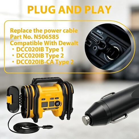 12V DC Power Cord N506585, Car Charger Cable Compatible with Dewalt 20V MAX Tire Inflator DCC020IB Type 1/2, DCC020IB-CA Air Compressor, Vehicle Cigarette Lighter Power Supply Charging Plug Cord in Kuwait