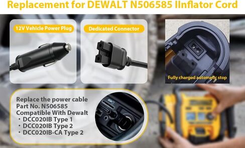 12V DC Power Cord N506585, Car Charger Cable Compatible with Dewalt 20V MAX Tire Inflator DCC020IB Type 1/2, DCC020IB-CA Air Compressor, Vehicle Cigarette Lighter Power Supply Charging Plug Cord in Kuwait