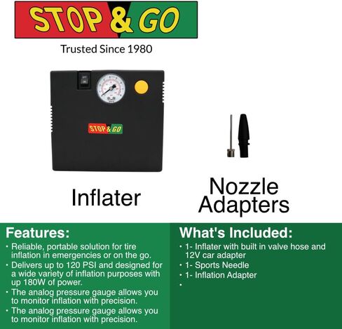 Stop & Go RCP-A37B Air Compressor/Inflater with 12V Car Adapter & Built in LED Light for Automotive, Motorcycle, Scooter, ATV, UTV, Golf Cart, Lawn Mower, or Other Inflation Purposes in Kuwait