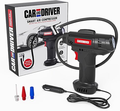 CAD-KH1001 Smart Air Compressor – Portable 12V Digital Tire Inflator | Adjustable PSI with Auto Shut-Off | 3 Nozzle Attachments, 10ft Cable, LED Display | For Tires, Sports Balls & Inflatables in Kuwait