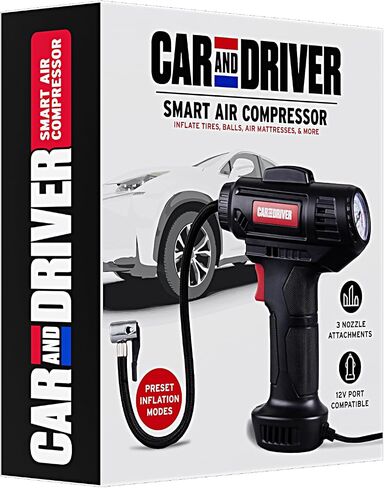 CAD-KH1001 Smart Air Compressor – Portable 12V Digital Tire Inflator | Adjustable PSI with Auto Shut-Off | 3 Nozzle Attachments, 10ft Cable, LED Display | For Tires, Sports Balls & Inflatables in Kuwait