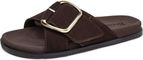 Flat Sandals for Women Comfortable Slide Sandals Summer Suede Leather Adjustable Cross Buckle Straps Slides Vacation Beach Sandal in Kuwait