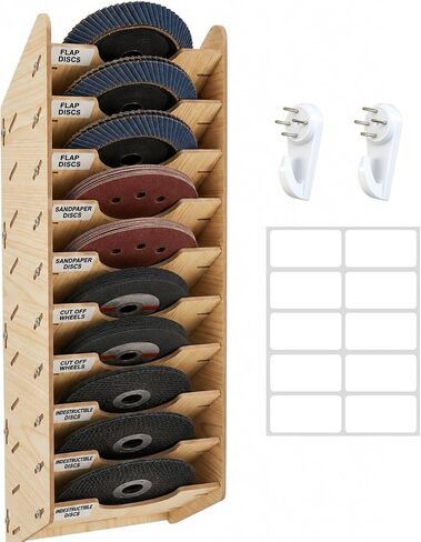 10-Tier Hanging Wooden Sandpaper Storage Holder, Sandpaper Organizer for Sanding Discs 5 Inch 6 Inch, Wall Mount Woodworking Tools Rack(Excluding Sandpaper), Maple Color, 1 Set in Kuwait