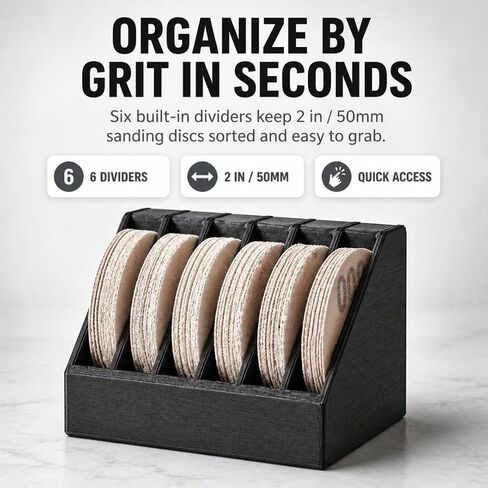 2 Inch Sanding Disc Holder with 6 Dividers – Tabletop Storage Organizer for 50mm Abrasive Pads | Keeps Grits Sorted and Workshop Tidy | Freestanding Compact Caddy for in Kuwait