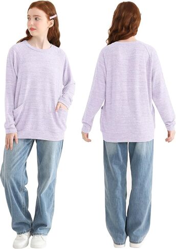 قمصان الفتيات طويلة الأكمام عادية تيز راجلان Crewneck بلوزات فضفاضة تناسب البلوز مع جيوب لمدة 6-13 سنة in Kuwait