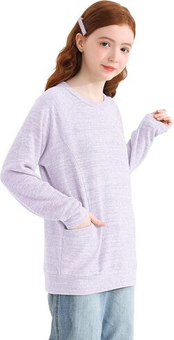 قمصان الفتيات طويلة الأكمام عادية تيز راجلان Crewneck بلوزات فضفاضة تناسب البلوز مع جيوب لمدة 6-13 سنة in Kuwait