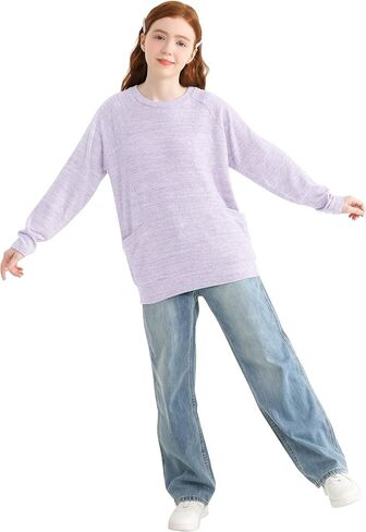 قمصان الفتيات طويلة الأكمام عادية تيز راجلان Crewneck بلوزات فضفاضة تناسب البلوز مع جيوب لمدة 6-13 سنة in Kuwait