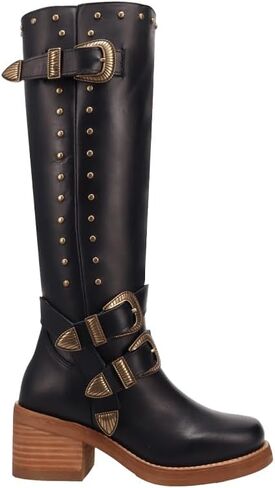 Dingo Womens Fillmore Leather Round Toe Zippered Casual Boots Over the Knee Mid Heel 2-3" - Black in Kuwait