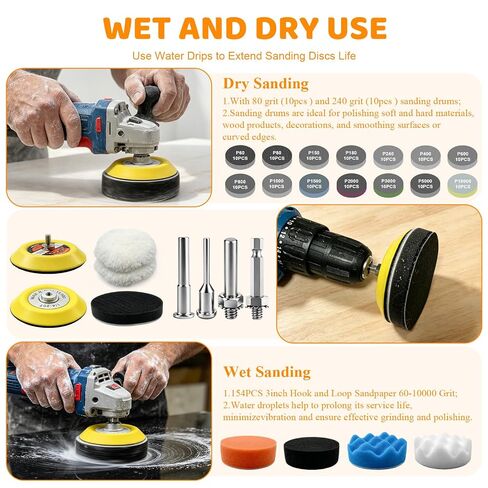 Wet Dry Sanding Discs Polishing Kit 3 Inch 154PCS Hook and Loop Pads | Headlight Restoration Kit, Grit 60 80 150 180 240 400 600 800 1000 1500 2000 3000 5000 10000 with 1/4" 1/8" Shank for Drill in Kuwait