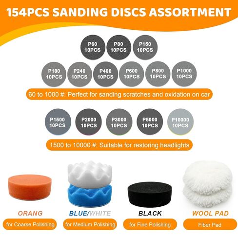 Wet Dry Sanding Discs Polishing Kit 3 Inch 154PCS Hook and Loop Pads | Headlight Restoration Kit, Grit 60 80 150 180 240 400 600 800 1000 1500 2000 3000 5000 10000 with 1/4" 1/8" Shank for Drill in Kuwait