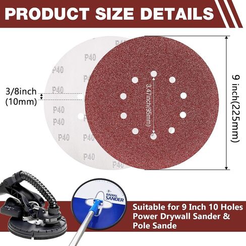 50 PCS 9-Inch 10-Hole Hook-and-Loop Sanding Discs for Drywall Sander, 120 Grit Drywall Sandpaper for Popcorn Ceiling Removal, Wood Furniture, Wall Painting Prep, Metal Sanding in Kuwait