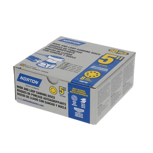 Norton 5 Inch 8-Hole Hook & Loop Sanding Discs, 50-Pack Assorted Grits (60, 80, 120, 220, 320), for Multi-Surfaces. Wood, Metal, Composites, Painted Panels in Kuwait