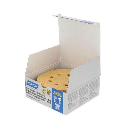 Norton 5 Inch 8-Hole Hook & Loop Sanding Discs, 50-Pack Assorted Grits (60, 80, 120, 220, 320), for Multi-Surfaces. Wood, Metal, Composites, Painted Panels in Kuwait