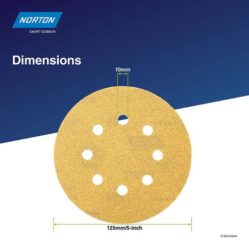 Norton 5 Inch 8-Hole Hook & Loop Sanding Discs, 50-Pack Assorted Grits (60, 80, 120, 220, 320), for Multi-Surfaces. Wood, Metal, Composites, Painted Panels in Kuwait