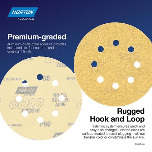 Norton 5 Inch 8-Hole Hook & Loop Sanding Discs, 50-Pack Assorted Grits (60, 80, 120, 220, 320), for Multi-Surfaces. Wood, Metal, Composites, Painted Panels in Kuwait