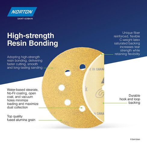 Norton 5 Inch 8-Hole Hook & Loop Sanding Discs, 50-Pack Assorted Grits (60, 80, 120, 220, 320), for Multi-Surfaces. Wood, Metal, Composites, Painted Panels in Kuwait