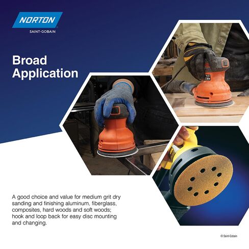 Norton 5 Inch 8-Hole Hook & Loop Sanding Discs, 50-Pack Assorted Grits (60, 80, 120, 220, 320), for Multi-Surfaces. Wood, Metal, Composites, Painted Panels in Kuwait