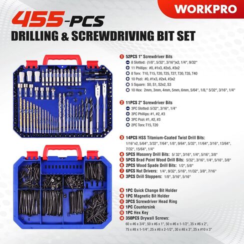 WORKPRO 105Pcs Drill & Driver Bit Set + 350 Screws, Kit for Wood & Masonry | Drill Bits Set, Screwdriver Bits Set, 1/4" Hex Shank, Magnetic Bit Holder, 2-sided Clear-Lid Case for Metal Plastic Concrete in Kuwait