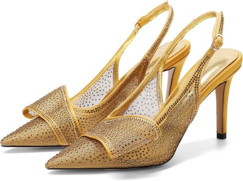 Women's Mesh Slingback Heels with Bow Crystal Rhinestone Closed Pointed Toe Pumps with Adjustable Strap 3.3" High Heels for Evening Dress Shoes in Kuwait