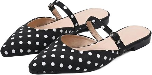 Women's Polka Dot Pointed Toe Flat Mules Vintage Mary Jane Backless Slides Retro Buckle Strap Slip On Walking Shoes Black in Kuwait