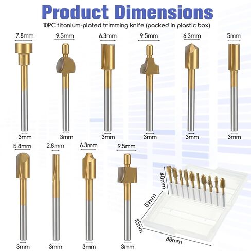 10Pcs Titanium Coated HSS Router Bits Wood Carving Drill Bits Set with 1/8" Shank Rotary Carbide Engraving Bit Set Tools Accessories for DIY Woodworking Carving Sculpting Engraving Drilling in Kuwait