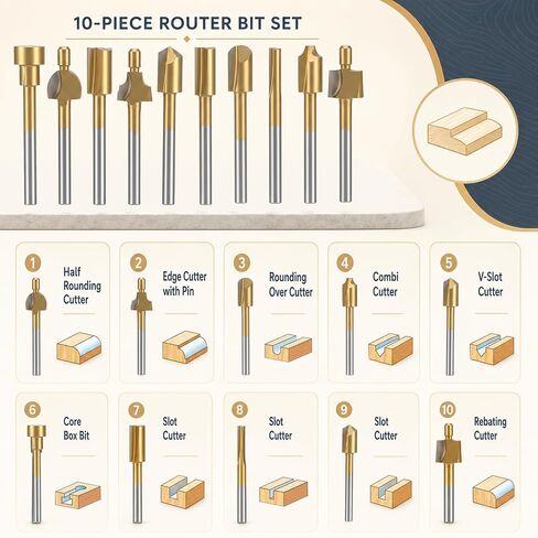 10Pcs Titanium Coated HSS Router Bits Wood Carving Drill Bits Set with 1/8" Shank Rotary Carbide Engraving Bit Set Tools Accessories for DIY Woodworking Carving Sculpting Engraving Drilling in Kuwait