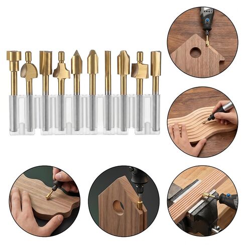 10Pcs Titanium Coated HSS Router Bits Wood Carving Drill Bits Set with 1/8" Shank Rotary Carbide Engraving Bit Set Tools Accessories for DIY Woodworking Carving Sculpting Engraving Drilling in Kuwait