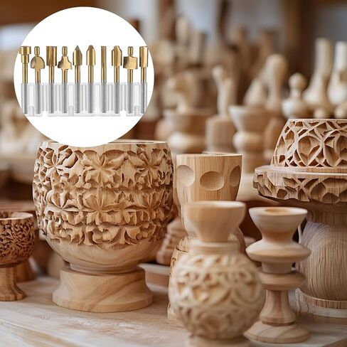 10Pcs Titanium Coated HSS Router Bits Wood Carving Drill Bits Set with 1/8" Shank Rotary Carbide Engraving Bit Set Tools Accessories for DIY Woodworking Carving Sculpting Engraving Drilling in Kuwait