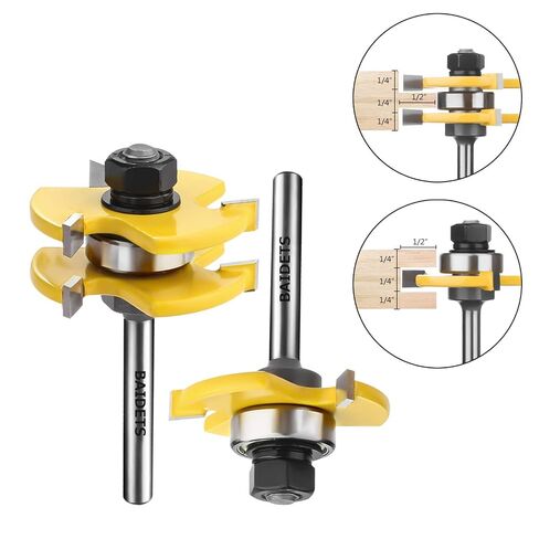 BAIDETS 1/4" Tongue and Groove Router Bits - Set of 2Pcs 1/4 Inch Shank Router Bit Set 3 Teeth Adjustable T Shape Wood Milling Cutter in Saudi Arabia