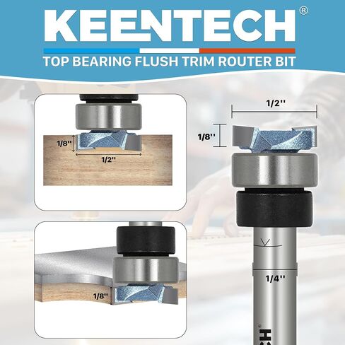 KEENTECH Flush Trim Router Bit, 1/4" Shank x 1/2" Dia x 1/8" Depth | 10X Lifespan, Pattern Bit, Top Bearing, Industrial Grade, Tungsten Carbide Tipped, Woodworking in Kuwait