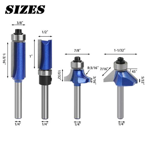 4PCS Router Bit Set 1/4 Inch Shank, Tungsten Carbide Tip Includes Top Bearing Flush Trim, Pattern Template ,45 Degree Chamfer and Roundover Router Bits-Woodworking Kit for Beginners & DIY in Kuwait